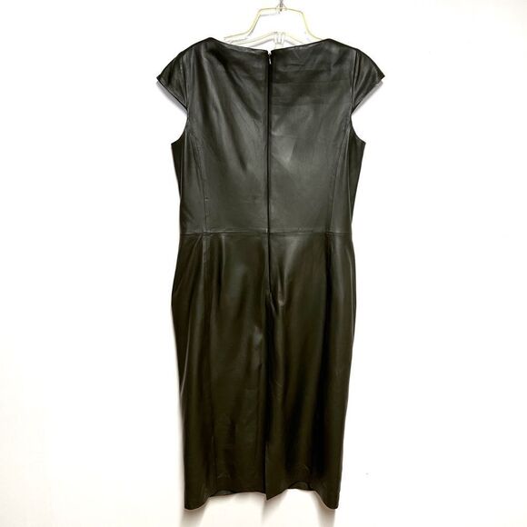 New Worth New York lamb leather cap sleeve sheath dress Dark Olive Sz 6 - Picture 2 of 4